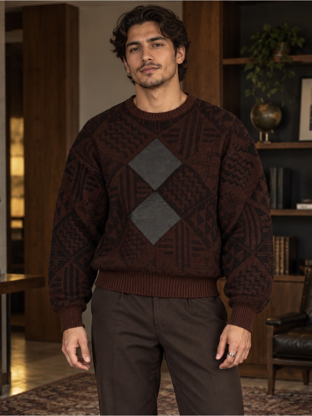 VINTAGE CUCCINI SPORTS 80s Leather Patch Geometric Sweater Burgundy Men’s L